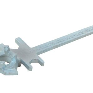 The Vestil Zinc Straight Hand Drum Bung Nut Wrench is a metal spanner with a long handle and multiple wrench sockets at various angles, ideal for precise hardware adjustments with its utilitarian, minimalist design.