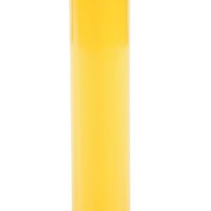 The Vestil Steel Pipe Safety Bollard 24 X 4-1/2 In has a yellow finish, black cap, diagonal stripes near the top, and is mounted on a flat base with bolt holes for secure installation.