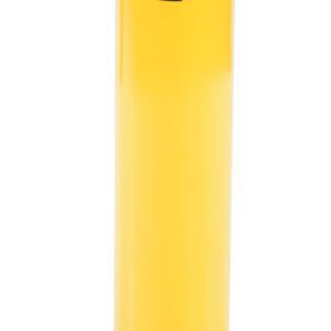 The Vestil Steel Pipe Safety Bollard 24 X 5-1/2 In showcases a striking yellow design with black diagonal stripes, is cylindrical with a flat black top, and features a sturdy square base with holes for secure mounting.