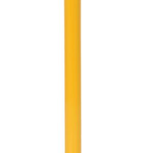 The Vestil Steel Pipe Safety Bollard, 36 x 1-3/4 inches, features a sturdy yellow metal post with a black diagonal stripe near the top. Its mounted on a square base for use as a safety or barrier device.