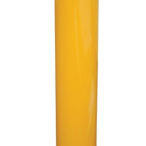 The Vestil Steel Pipe Safety Bollard 36 x 5-1/2 In features a yellow cylinder design with a flat black top and a black diagonal stripe near the top. It rests on a square base with four holes for secure mounting.