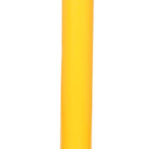 A bright yellow Vestil Steel Pipe Safety Bollard 42 X 4-1/2 In, featuring a black stripe near the top, stands upright against a white background. It has a sturdy square base with holes for secure mounting.