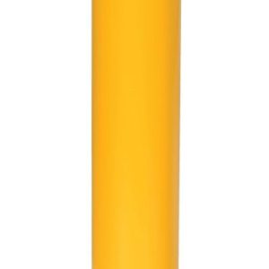 The Vestil Steel Pipe Safety Bollard 48 X 6-5/8 In stands at 48 inches tall, with a thickness of 6-5/8 inches. It is prominently yellow with black diagonal stripes near the top and includes a flat metal base for sturdy mounting.
