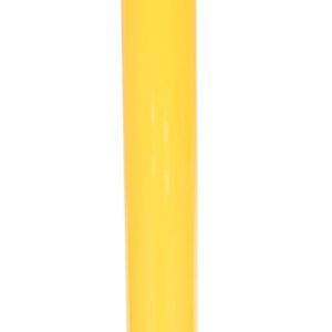 The Vestil Steel Pipe Safety Bollard 72 x 5-1/2 In, tall and yellow with a black-and-yellow striped top on a square base, provides strong protection and visibility.