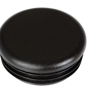 A round, black plastic cap, featuring a smooth matte surface and ridged edge for a snug seal, resembles the Vestil Bollard Cap Plastic Replacement 1.75 In and is set against a plain white background.