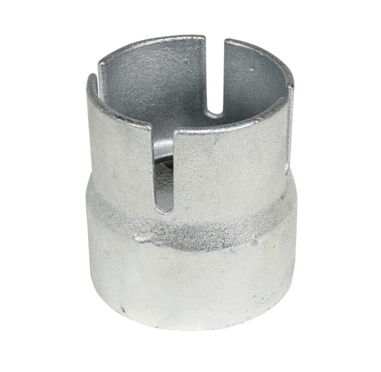This lustrous, textured cylindrical tool looks like a specialty component. Its hollow center and four vertical slots at the top resemble the Vestil Bollard Chain Cap 4.5, Retro-Fit—ideal for easy upgrades to existing setups.
