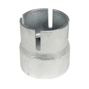 A shiny silver, machined-look Vestil Bollard Chain Cap 5.5 Retro-Fit features a metal cylinder with four vertical slots extending top-down and an open top.
