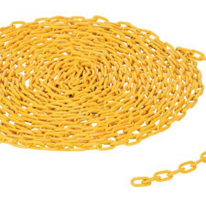 A Vestil 3/16 Chain Yellow Powder Coat is elegantly coiled in a spiral on a clean white background, with part extending outward.