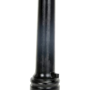 The Vestil Ductile Iron Decorative Bollard 40X8Base boasts a smooth cylindrical design with a rounded top. Its black exterior has a thicker lower section and a groove near the base, reflecting light elegantly.