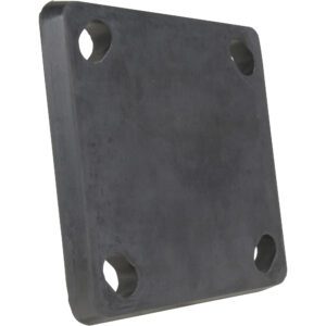 The Vestil Bollard Energy Absorbing 8X8 is a black, square rubber mounting plate with rounded edges and four corner holes, designed for industrial or mechanical use.