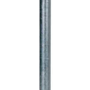 The Vestil Fold-Down Steel Bollard Galvanized 42 In has a cylindrical shape on a rectangular base with a black diagonal strip on top. Its anchored to the ground, making it perfect for controlling traffic or parking. The product is displayed against a plain white background.