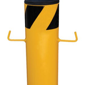 A yellow bollard with a round black cap and diagonal black stripes near the top has two small metal J-Hooks for easy chain attachment. Product: Vestil Bollard J-Hook Chain Attachment.