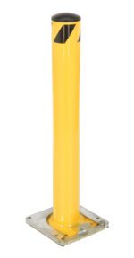 The Vestil Stl Pipe Bollard Surface Mounted 36X4.5 is a yellow retractable bollard with black stripes near the top, mounted on a square metal base, and effectively controls vehicle access and ensures protection in high-traffic areas.
