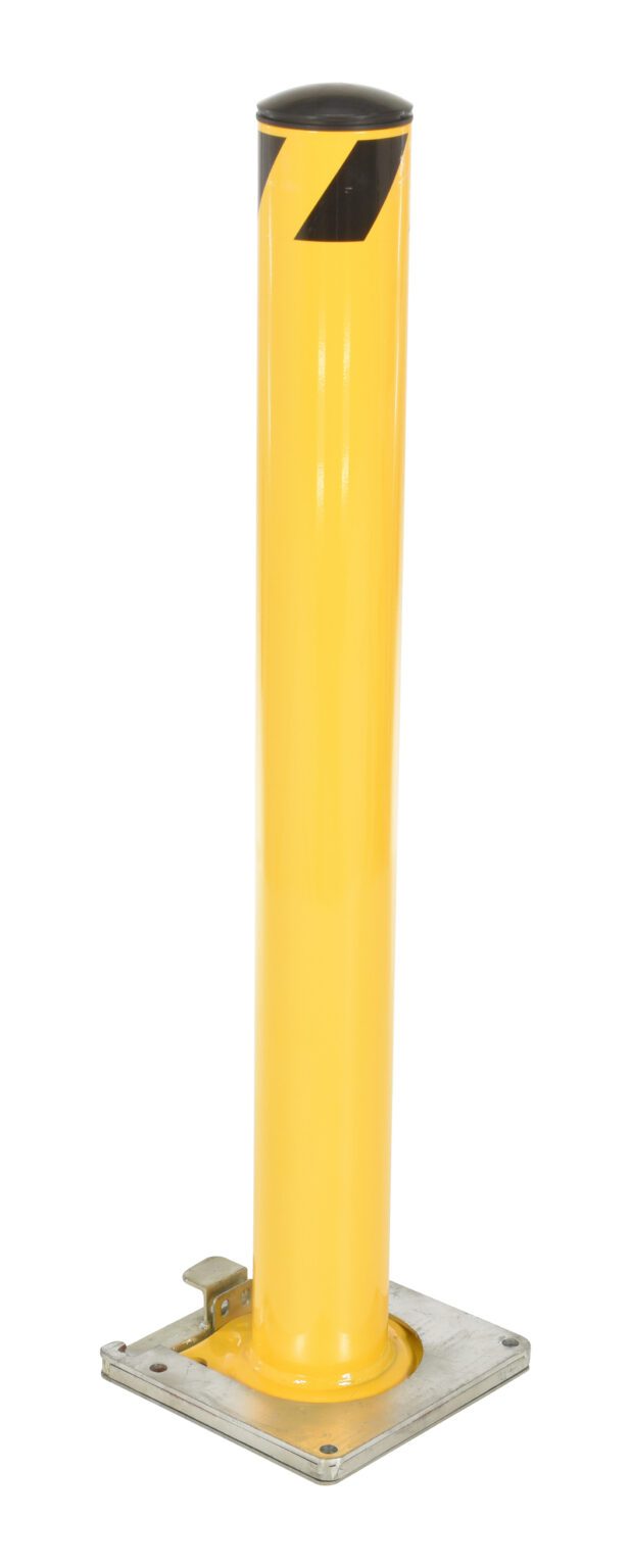 A tall, cylindrical yellow bollard with a black diagonal stripe near the top stands upright on a square base resembling the Vestil Stl Pipe Bollard Surface Mounted 42X5.5 against a white background.