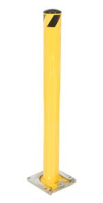 The Vestil Stl Pipe Bollard Surface Mounted 48x4.5 has a yellow body with a black top and diagonal stripe, offering practicality and durability as a retractable or removable barrier, ensuring safety with style.