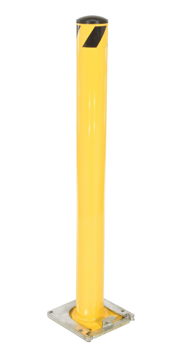 The Vestil Stl Pipe Bollard Surface Mounted 48x4.5 has a yellow body with a black top and diagonal stripe, offering practicality and durability as a retractable or removable barrier, ensuring safety with style.