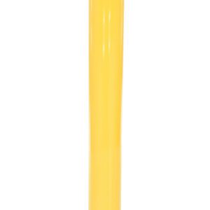 The Vestil Stl Pipe Bollard Surface Mounted 48X5.5 is a yellow cylindrical post with a black cap, mounted on a square base. It stands 48 inches tall and 5.5 inches wide, featuring a diagonal black stripe near the top for enhanced visibility.