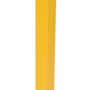 The Vestil Square Steel Bollard W/Cap is yellow with a black/yellow striped top, set against a white background, and features a flat base with four mounting holes, ideal for security and traffic control.