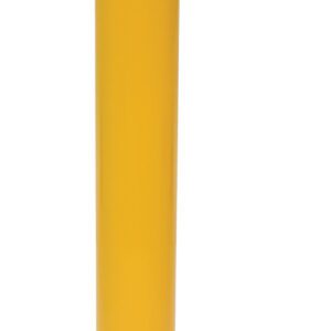 The Vestil Pour In Place Bollard is 42.5 inches tall and 6.5 inches in diameter, featuring a yellow cylinder with black stripes at the top, standing on a white background with two parallel metal rods beside it.