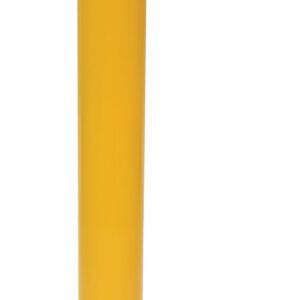 The Vestil Pour In Place Bollard, 48.5 H x 5.5 D in, is yellow with black diagonal stripes at the top and stands upright with two thin metal rods parallel on the ground next to it.