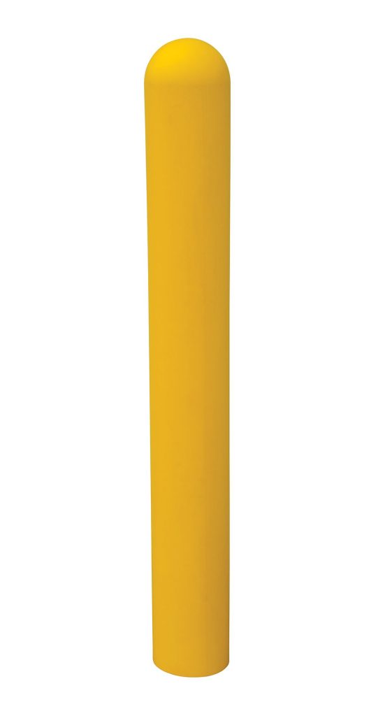 BPC-42-4.5_A.jpg Against a plain white backdrop stands the Vestil Plastic Bollard Post Cover 42 X 5.06, featuring a tall cylindrical shape with a rounded top and yellow color.