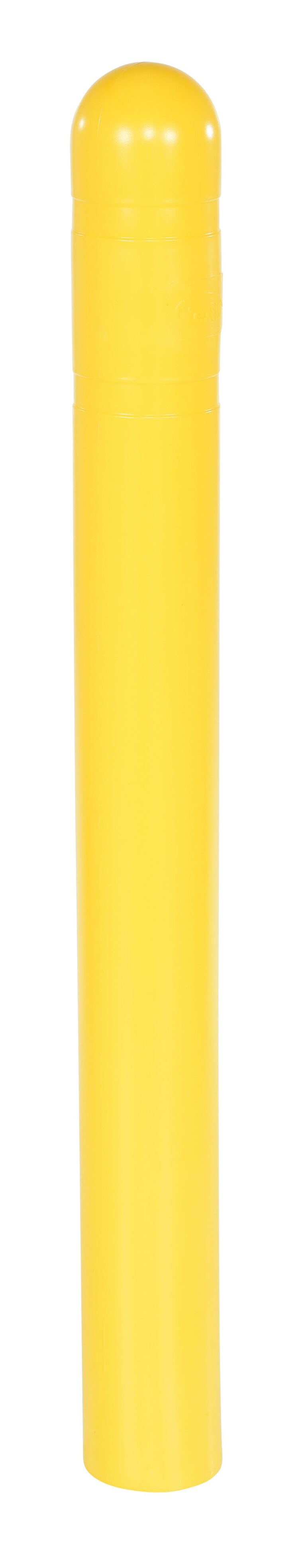 A tall, slender, bright yellow Vestil Plastic Bollard Post Cover (52 x 5 inches) with a rounded top features a smooth, shiny surface reflecting light beautifully against a plain white background.
