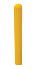 A Vestil Plastic Bollard Post Cover 52 x 7 inches, in bright yellow with a rounded top, stands against a clean white background.