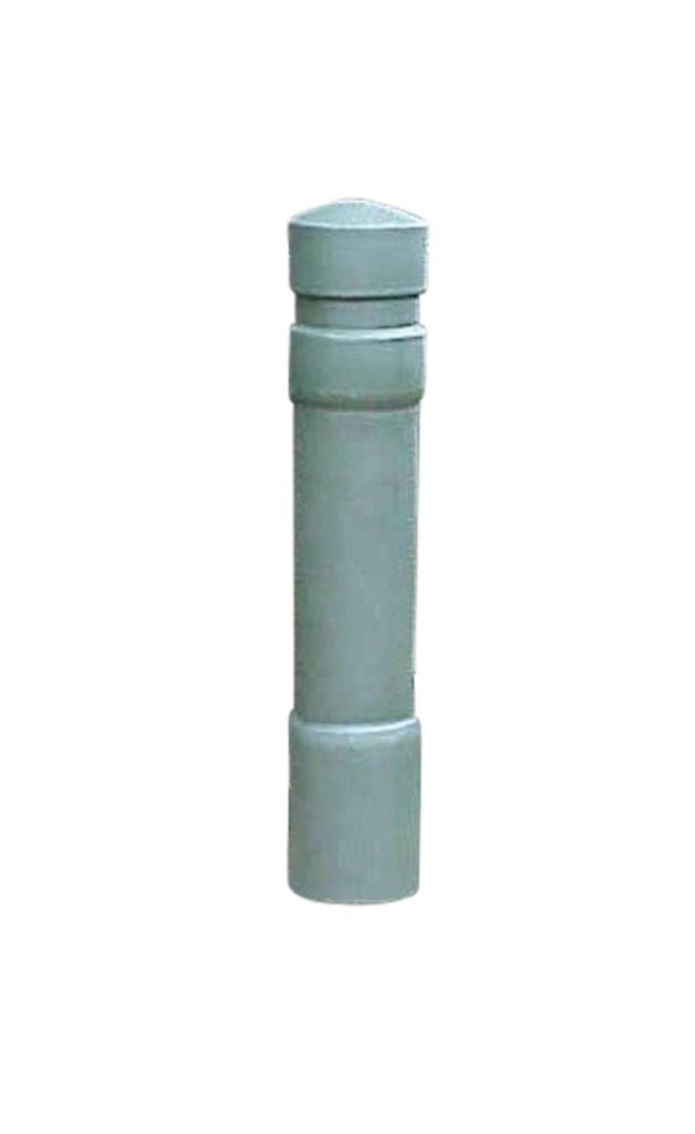 A gray bollard with a cylindrical body, conical top, and wider base showcases a sleek finish. Positioned on a white background, it resembles the elegant design of the Vestil Arch-Gray Bollard Cover 52 In.