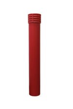 A tall, cylindrical red bollard with a smooth surface and ridged top stands upright against a plain white background. Its sleek design mirrors the Vestil Cinco-Red Bollard Cover 52 In, offering style and protection to any setting.