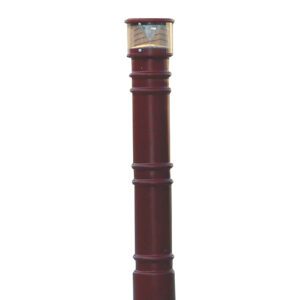 Introducing the Vestil Metro-Red Bollard Cover W/Light 57 In: a vibrant red outdoor bollard light with horizontal ridges and a transparent top enclosure, set against a crisp white backdrop.