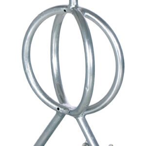 The Vestil Galvanized Bicycle Rack 5.31X12.75X22.5 features an industrial design with two circular rings connected by a vertical rod, crafted from durable steel. Its flat rectangular base includes pre-drilled holes for easy mounting, combining durability and style for urban spaces.