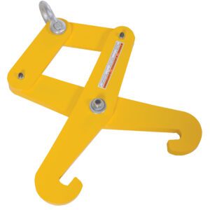 The yellow sheet metal lifting clamp, similar to the Vestil Beam Tongs 3 Ton 10 In Max Beam Width, has robust design features, two curved hooks, a rotating hinge, a silver attachment point on top, and a safety label on the side—perfect for securely moving sheets or plates.