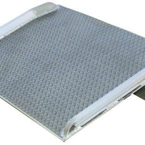The Vestil Aluminum Truck Dockboard 8000 Lbs 84X66 features a metal checker plate ramp with raised sides for wheel access and a textured surface for optimal traction, ensuring safe loading and unloading.