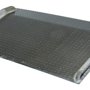 The Vestil Aluminum Truck Dockboard 10000 Lbs 72x36 is a durable aluminum ramp with a diamond-patterned surface and raised edges for enhanced safety and grip, supporting up to 10,000 lbs. Its angle is perfect for loading or unloading items.