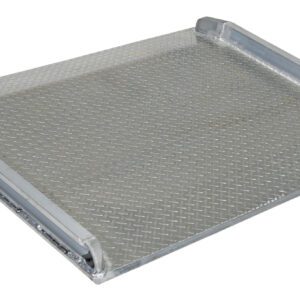 A metallic loading ramp with a diamond plate surface and raised edges on three sides, akin to the durable Vestil Aluminum Truck Dockboard 20000 Lbs 60X60, features a shiny textured finish designed for strength and reliability.
