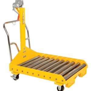 The Vestil Battery Transfer Platform W/Caster Winch is a yellow platform cart equipped with metal rollers, a hand crank winch, a sturdy handle, and caster wheels, ideal for efficiently transporting heavy loads.
