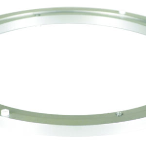The Vestil Mini Aluminum Carousel 14 In Diameter is a sleek silver metallic circular bearing ring on a white background, showcasing evenly spaced small raised components around its inner edge.