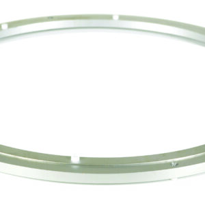 A sleek, thin ring with a smooth silver surface and small protrusions, similar to the Vestil Mini Aluminum Carousel, is elegantly shown against a pristine white background.