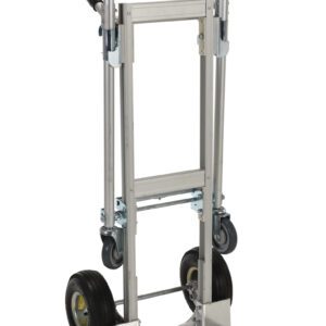 The Vestil Alum Convertible Hand Truck features a silver frame, black rubber wheels, and a durable steel toe plate. It has two handles for easy use and a foldable design for convenient storage, maintaining strength and durability.