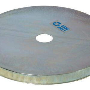 A large, round, flat metal disk with a central hole, similar to the Vestil Open Head Galv Drum Cover Disposal Hole, displays a recycling symbol and CANS ONLY text in blue on its slightly reflective metallic surface.
