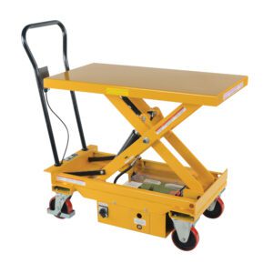 The Vestil Dc Power Scissor Cart 1K 39.75 x 20.5 features a yellow hydraulic lift table with a scissor mechanism, four caster wheels, and safety labels, making it ideal for transporting items. It includes a handlebar for easy maneuvering.