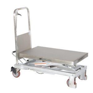 The Vestil Partial Ss Scissor Cart 1K 32.5 x 19.75 features a silver hydraulic lift table, red wheels, and a handle, ideal for transporting heavy items with its flat surface and operational lever. It has a capacity of up to 1,000 pounds and dimensions of 32.5 x 19.75 inches.