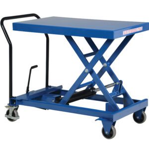 The Vestil Premium Portable Scissor Cart 1K 40.5X24, featuring a blue hydraulic lift and black handle, ensures smooth mobility with four wheels, including swivel casters, and uses a foot pedal for easy platform height adjustment on its flat rectangular design.