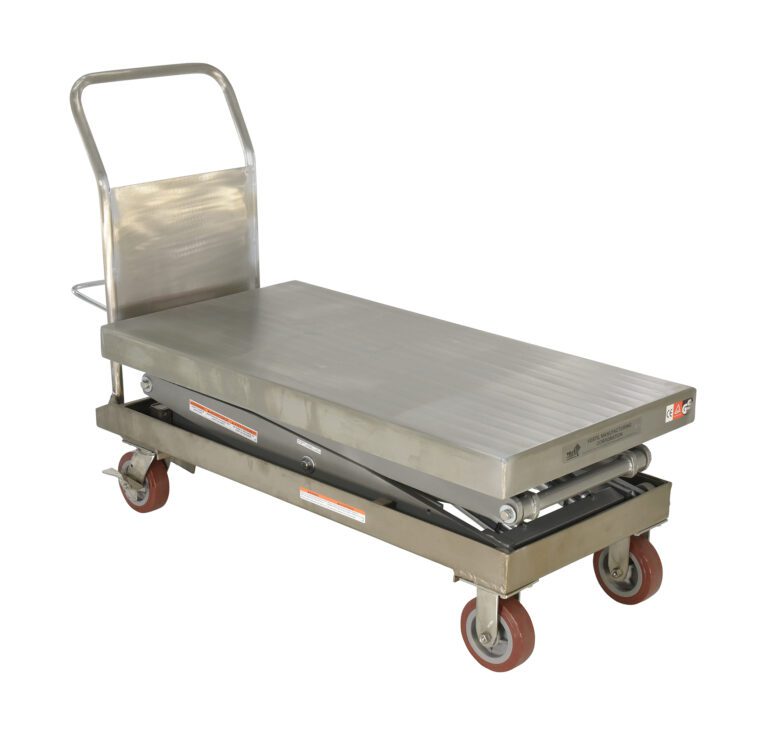 CART-1500-D-TS-PSS_A.jpg The Vestil Partially Ss Elevating Cart 1.5K 24X47.5 includes a stainless steel hydraulic lift table, flat platform, ergonomic handle, and wheeled base with red casters for easy maneuvering. Safety stickers ensure compliance and enhance functionality.