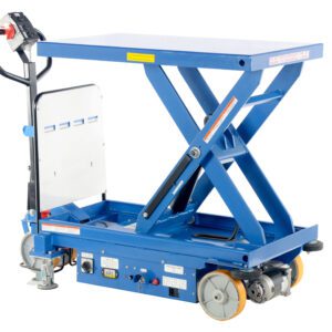 The Vestil Hydraulic Single Scissor Cart 1.5K 40X24 features a blue lift table with a handle, control panel, and wheels for easy mobility, supported by a durable scissor mechanism for efficient material transport or elevation.