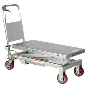 The Vestil SS Single Scissor Cart 1.75K 20 X 39.5 is a stainless steel hydraulic lift table cart with a flat surface, manual handle, and four red caster wheels, perfect for heavy-duty lifting and transporting tasks in industrial or warehouse environments.