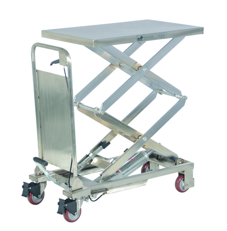 The Vestil Partial SS Elevating Cart 220Lb 17.5X27.5 is a stainless steel lifting table with a hydraulic lift, handle, and four wheels with front brakes. It has a 220 lb capacity and a 17.5x27.5 inch surface for ergonomic lifting and transporting heavy items.