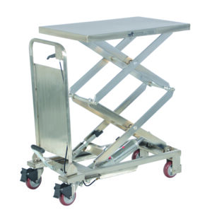The Vestil Partial SS Elevating Cart 220Lb 17.5X27.5 is a stainless steel lifting table with a hydraulic lift, handle, and four wheels with front brakes. It has a 220 lb capacity and a 17.5x27.5 inch surface for ergonomic lifting and transporting heavy items.