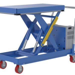 The Vestil Hydraulic Elevating Cart 20X40 2000 12V DC is a blue lift table with a scissor lift mechanism, four red caster wheels, and a silver handle. It includes advanced safety features for efficiently transporting and lifting items up to 2000 lbs.