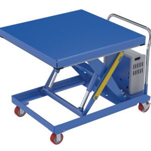 The Vestil Hydraulic Elevating Cart 42x42 features a metal platform, yellow safety bar, and silver handle. It offers reliability with its design and mobility with red-wheeled casters. The 12V DC electric motor is conveniently visible on the side.